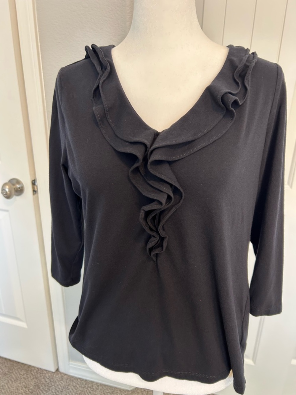 Talbots Black Top with 3/4 length sleeves and ruffles at v neck